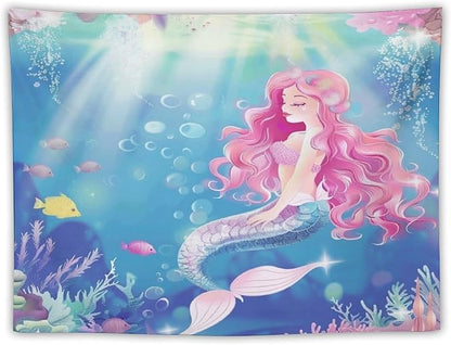 HZOHNAGO Mermaid Girls Tapestry Watercolor Mermaid Princess Pink Hair Pattern for Kids Room Decoration Printed Wall Tapestry Wall Hanging for Bedroom Living Room Dorm 40" W x 30" H