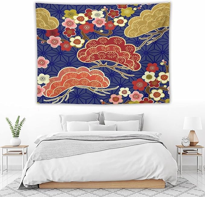 HZOHNAGO Japanese Tapestry Art Abstract Colorful Cherry Blossom Blue Background Pattern Printed Wall Tapestry Painting Wall Hanging for Bedroom Living Room Dorm 80" W x 60" H
