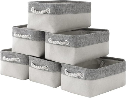 Basket for Organizing Cube Stgorage Bin - Small 6 Pack Fabric Storage Cubes Collapsible Baskets for Shelves with Rope, Bins for Organization Closet Cloth Toy Laundry Canvas (Grey&White 12x8x5.2 inch)