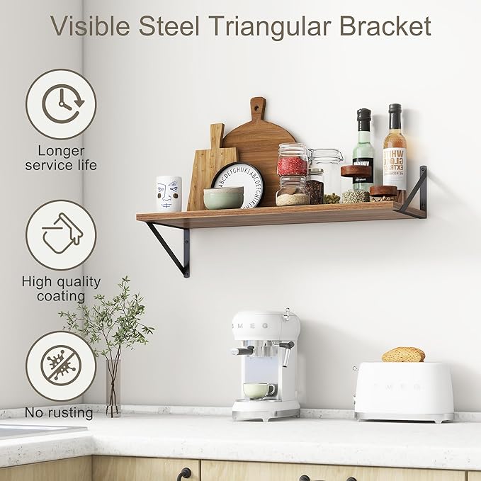 12 Inch Deep Floating Shelves, 30W x 12D Wall Shelves with Brackets, Walnut Floating Shelves 30 Inch Long, Rustic Wood Wall Shelf, Wide Storage Display Shelf for Kitchek, Living Room, Bathroom