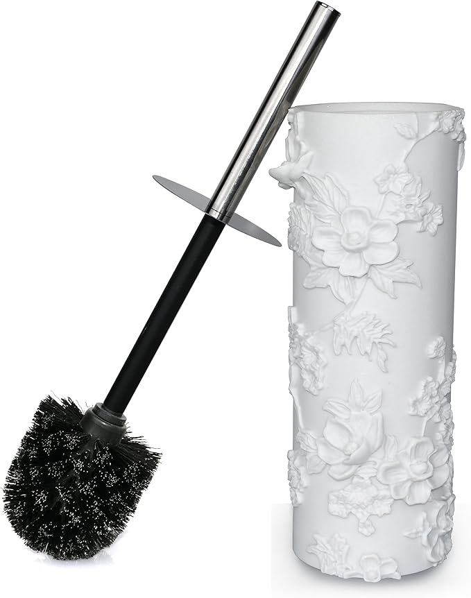 White Floral Branches Design Resin Toilet Bowl Brush and Holder Set, Elegant Bathroom Cleaning Tool with Durable Bristles, Compact and Functional