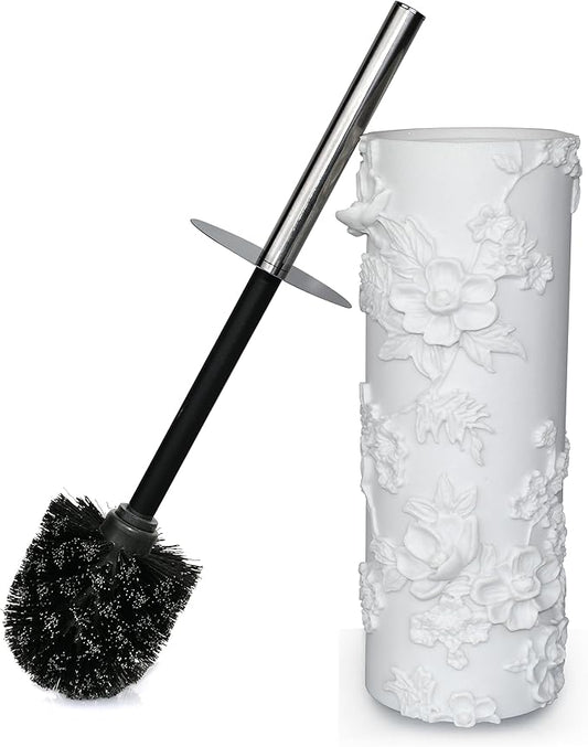 White Floral Branches Design Resin Toilet Bowl Brush and Holder Set, Elegant Bathroom Cleaning Tool with Durable Bristles, Compact and Functional