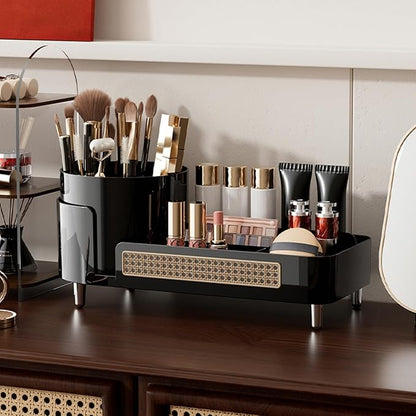 Rotating Makeup Organizer Countertop,Large Capacity Makeup Organizers for Vanity,2 in 1 makeup storage organizer for Bathrooms,Cosmetic Display Case (Black)