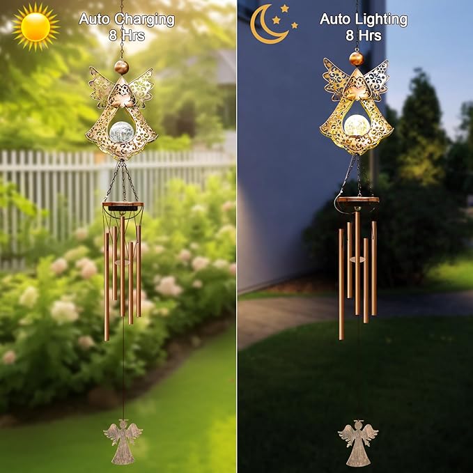 Wind Chimes Outdoor Indoor Decor: Birthday Gifts for Mom Grandma - Outside Lights for Garden Yard Patio Porch (Angel)