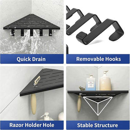 10‘’ Corner Shower Shelf, 304 Stainless Steel Shelves for Bathroom, Grout in Shelf with Hooks for Tiled Wall (Matte Black)