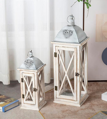 Set of 2 Large Farmhouse Wooden Metal Lanterns, Rustic Decorative Floor Candle Lanterns, Whitewash Distressed Hanging Lanterns for Home Decor (No Glass)