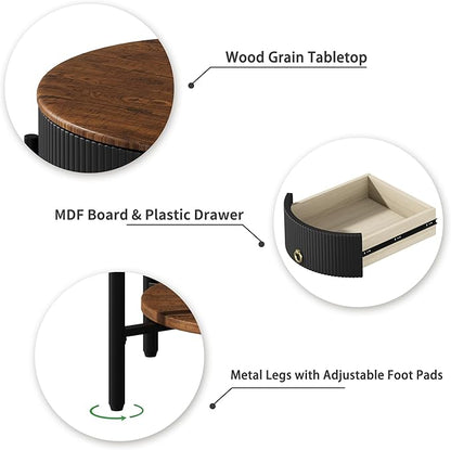 OIOG Modern Side Table with Drawer, Industrial 2 Tier End Table with Shelf, Wood Grain Nightstand with Storage for Living Room, Bedroom, Office, Dorm, Black