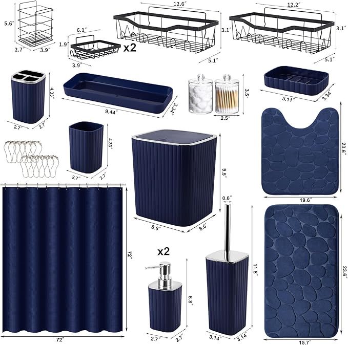 30PC Bathroom Accessories Set - Gorgeous Navy Blue Bathroom Set, Bathroom Accessory Set, Navy Blue Shower Curtain Set with Shower Caddy