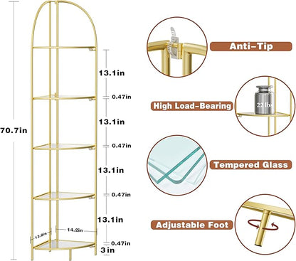 Crofy Foldable 5 Tier Corner Shelf, Metal Corner Plant Stand with Gold Frame and Transparent Shelves, Corner Display Rack Multipurpose Shelving Unit for Living Room, Bedroom, Bathroom