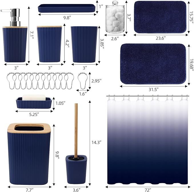 Bathroom Accessory Set–Bathroom Sets with Shower Curtain and Rugs, No Slip Bathroom Rugs Super Absorbent, Blue Ombre Water-Proof Shower Curtain with Hooks, Blue Bathroom Sets Complete for Home