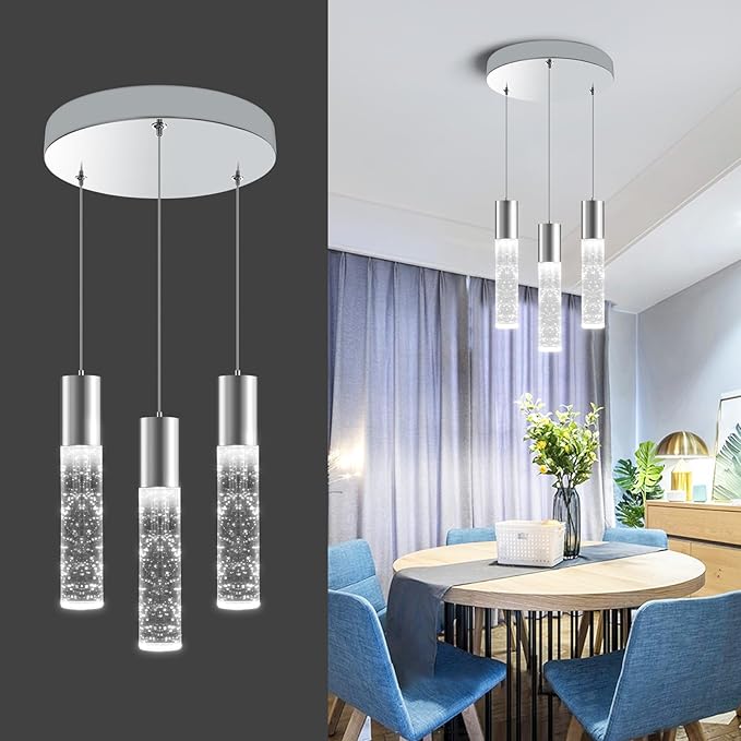 OKELI Dimmable LED 3-Light Pendant Light for Kitchen Island, 18W 1350LM Modern Bubble Crystal Island Light Fixture,6000K, Electro-Chrome, Easy Installation, Round