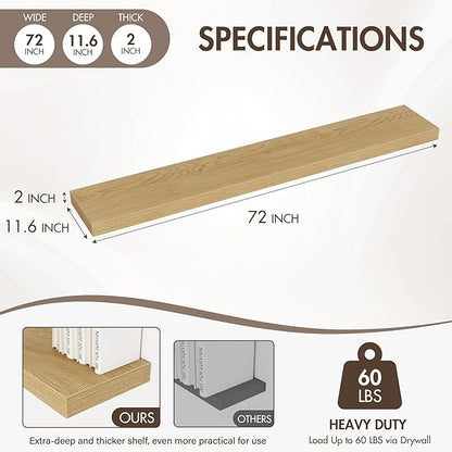 72 Inch Floating Shelves, 12" Deep Floating Shelf Wall Mounted, 72" Wall Shelves, Rustic Deep Bookshelf, Extra Deeper & Thicker Display Shelves for Bedroom, Living Room, Oak, Set of 1