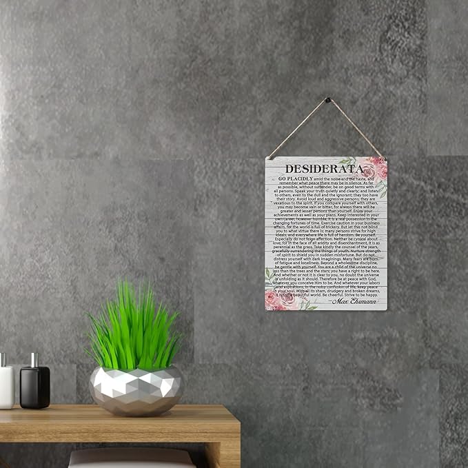 Qious Inspirational Signs Gift Farmhouse Desiderata Go Placidly Amid the Noise and the Haste Wooden Hanging Sign Rustic Wall Art Home Living Room Decoration 10 x 8 Inches