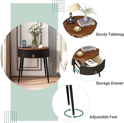 OIOG Side Tables Set of 2, Round Nightstand with Drawer, Modern Bedside End Tables for Small Space, Living Room, Bedroom, Office, Dorm, Rustic Brown and Black
