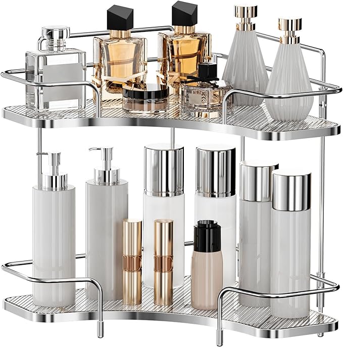 Seoneiro 2 Tier Corner Bathroom Counter Organizer, Cosmetic Skincare Organizer, Bathroom Countertop Perfume Tray Vanity Organizer, Kitchen Spice Corner Storage Shelf