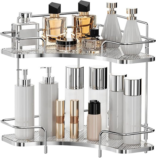 Seoneiro 2 Tier Corner Bathroom Counter Organizer, Cosmetic Skincare Organizer, Bathroom Countertop Perfume Tray Vanity Organizer, Kitchen Spice Corner Storage Shelf
