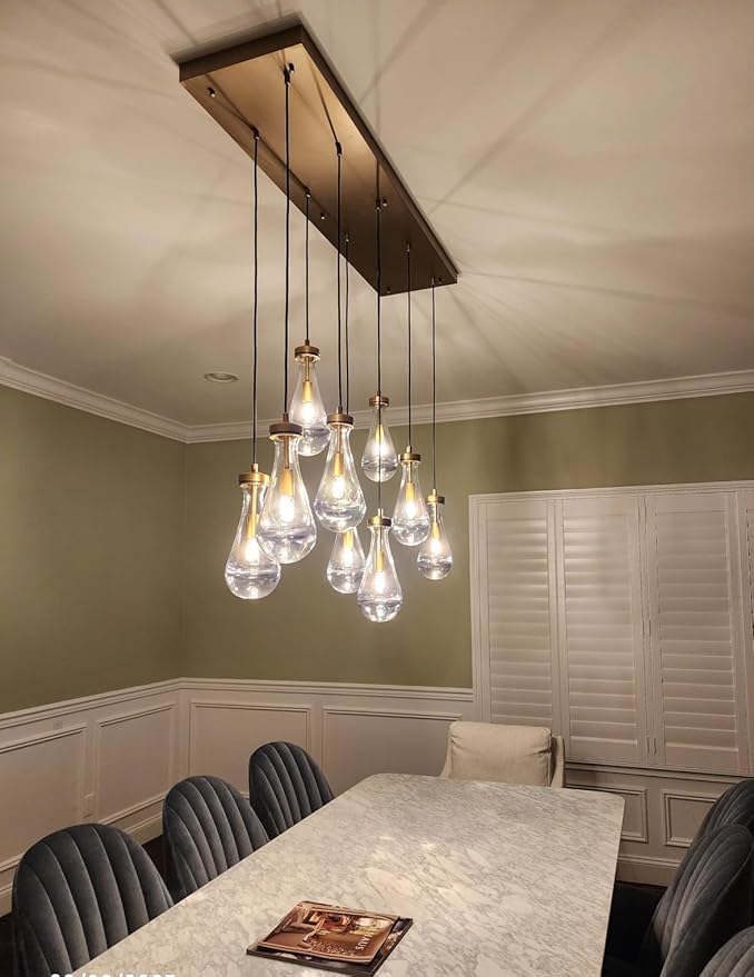 Raindrop 9-Light Chandeliers for Dining Room Gold Dining Room Lights Fixture Over Table, Brass Pendant Lights Kitchen Island, Adjustable Rope Teardrop Hanging Lamp Ceiling for Living Room