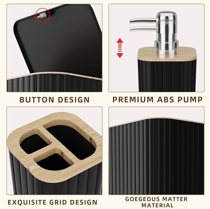 Bathroom Accessories Set - Elegant Black Bathroom Set, 10PC Bathroom Accessory Set, Toilet Brush, Trash Can, Qtip Holder Dispenser & Soap Dispenser