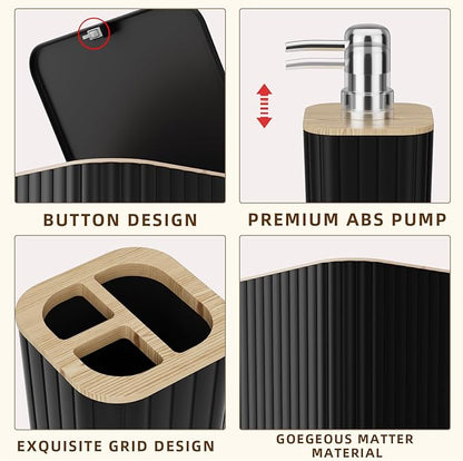 Bathroom Accessories Set - Elegant Black Bathroom Set, 10PC Bathroom Accessory Set, Toilet Brush, Trash Can, Qtip Holder Dispenser & Soap Dispenser