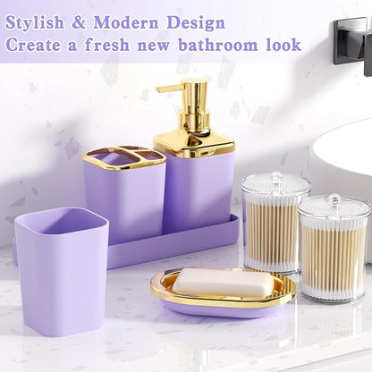 Bathroom Set - Purple Bathroom Sets with Shower Curtain and Rugs, 24PCS Shower Curtain Set with Hooks, Soap Dispenser, Soap Dish, Toilet Brush Holder and Trash Can for Housewarming