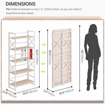 4NM 5 Tiers No Assembly Book Shelves, 51.2" H Folding Bookshelf Bookcase Open Industrial Foldable Shelves for Bedroom, Living Room, Home Office - Natural White