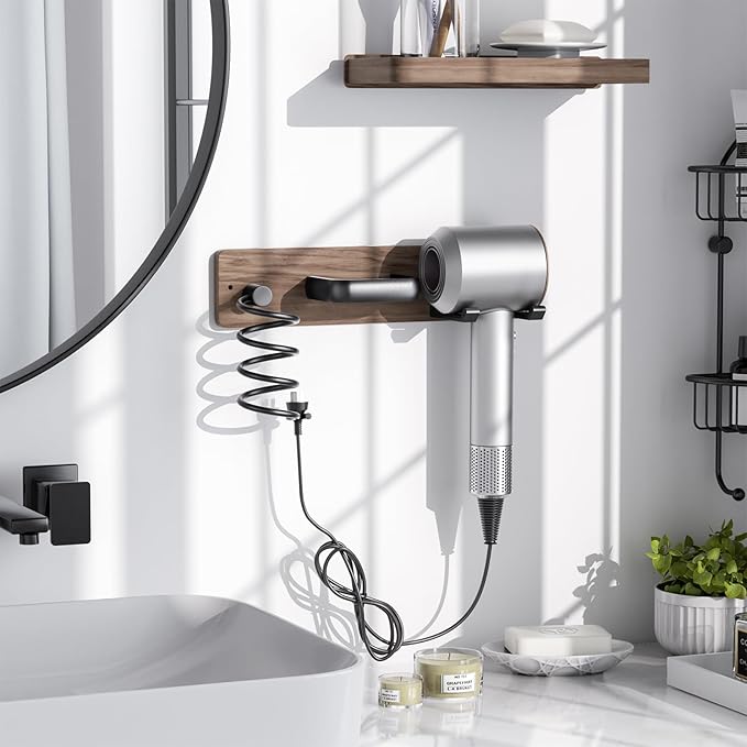 Tindbea Hair Dryer Holder Curling Iron Holder Flat Iron, Blow Dryer Holder Wall Mount, 3 in 1 Bathroom Hair Tool Organizer Rack for Universal Dryer, Walnut Matte Black