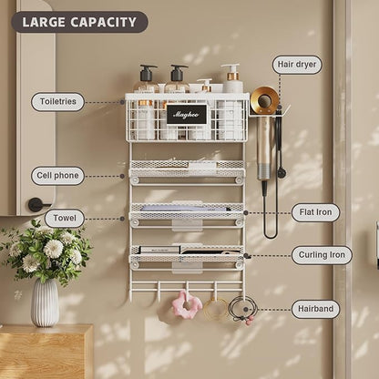 Hair Dryer Holder Wall Mounted, Adheisve Hair Styling Tool Organizer for hair Brush/Appliance Wall Mount with 5 Tier Shelf Basket Hooks Blow Dryer and Straightener Holder for Bathroom(White)