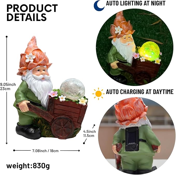 Solar Garden Gnome Statue with Crackle Glass Globe Lights, Waterproof Outdoor Decor for Patio, Lawn, or Yard, Whimsical Housewarming Gift(Green Gnomes)