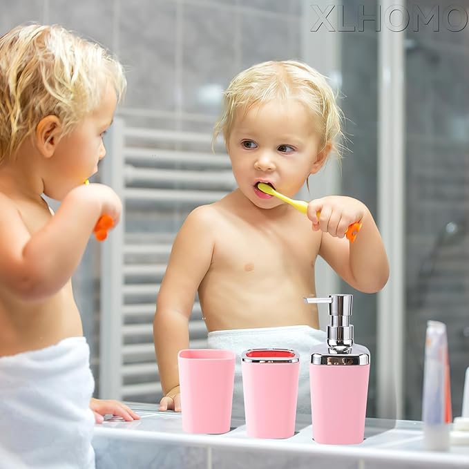 Pink Bathroom Accessory Set, Plastic Bathroom Set with Tray, Soap Dispenser, Toothbrush Holder, Toothbrush Cup, Soap Dish, Toilet Brush, Trash Can and Q-tip Holders for Bathroom/Housewarming