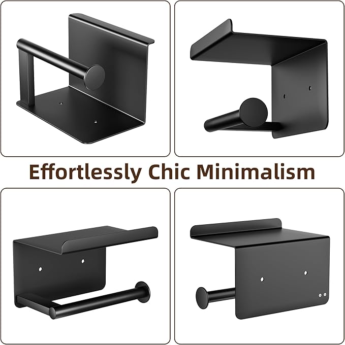 Adhesive Toilet Paper Holder with Phone Shelf, Wall Mounted Toilet Paper Roll Holder, Rustproof Bathroom Tissue Roll Holder with Shelf, Sticky Toilet Paper Roll Holder- Matte Black…