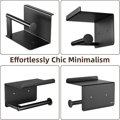 Adhesive Toilet Paper Holder with Phone Shelf, Wall Mounted Toilet Paper Roll Holder, Rustproof Bathroom Tissue Roll Holder with Shelf, Sticky Toilet Paper Roll Holder- Matte Black…