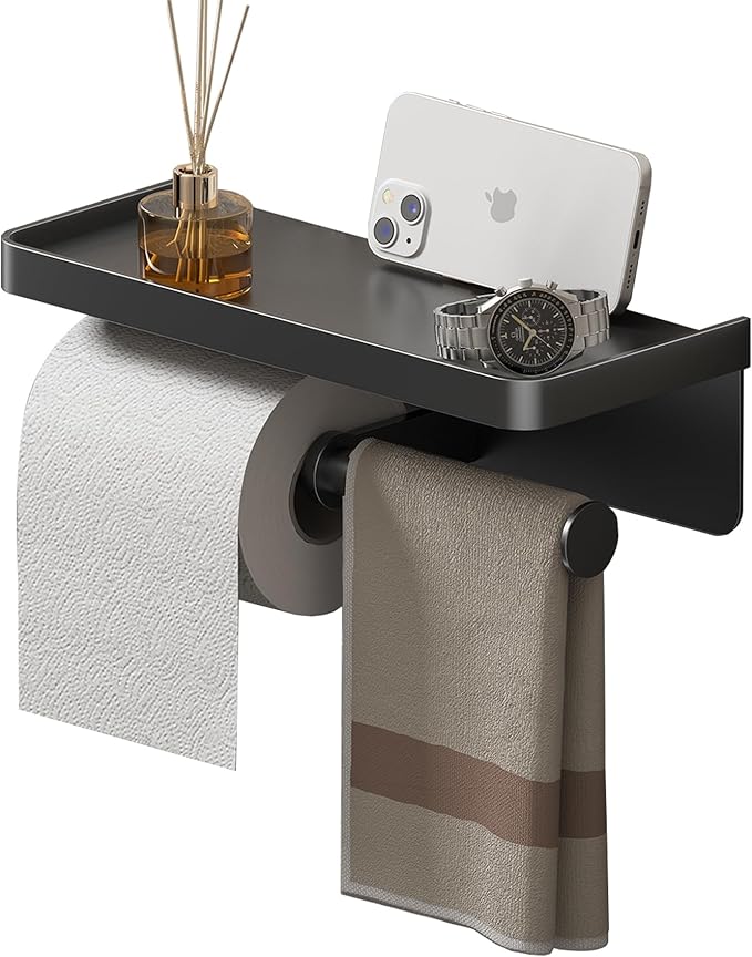 Double Toilet Paper Holder with Shelf, Commercial Toilet Paper Towel Holder Wall Mount, Tissue Roll Holder for Bathroom Kitchen RV, Double Tissue Roll Rack with Adhesive & Screw (Matte Black)