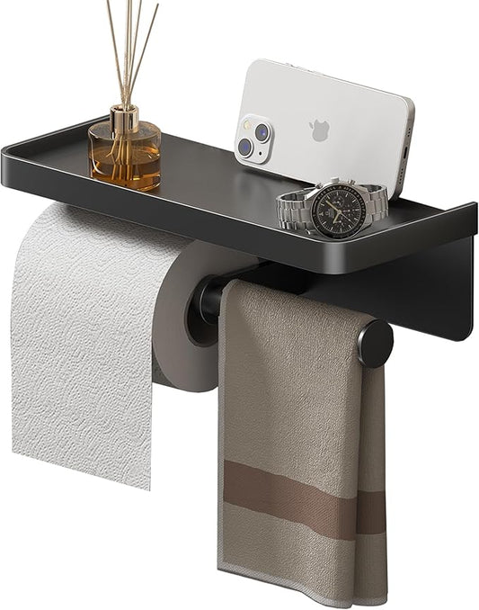 Double Toilet Paper Holder with Shelf, Commercial Toilet Paper Towel Holder Wall Mount, Tissue Roll Holder for Bathroom Kitchen RV, Double Tissue Roll Rack with Adhesive & Screw (Matte Black)