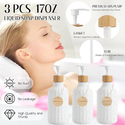 Bathroom Accessories Set White Bathroom Set with Trash Can,3PCS Lotion Soap Dispenser, Toothbrush Holder, Soap Dish,Tumbler Cup,6pcs Wood Tags White Bath Accessories with Tray for Bathroom Decor