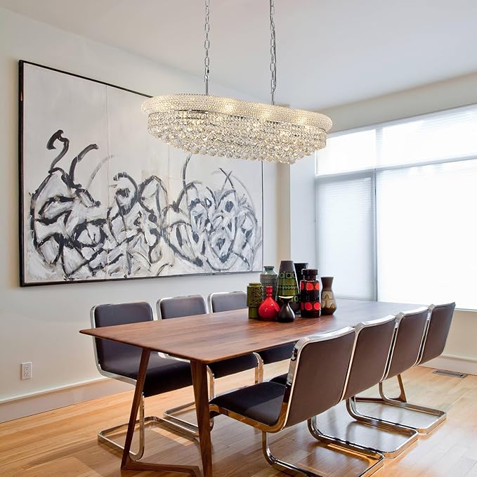 Rectangular Crystal Chandeliers for Dining Room,10 Lights Adjustable Height Oval Crystal Ceiling Light Fixture for Kitchen Island, Chrome Finish, L36''