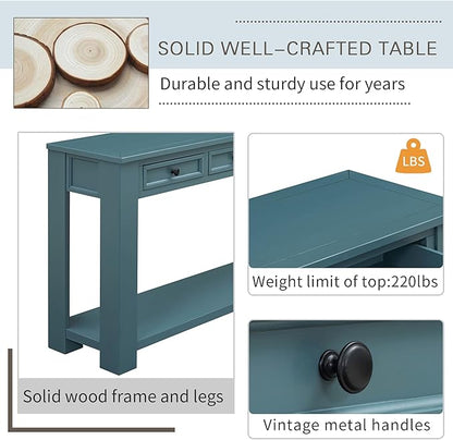 Solid Wood Console Table,63 in Long Sofa Table Entryway Table with 4 Drawers and Bottom Shelf for Hallway Living Room Couch Table,Fully Assembled (63" Dark Blue)