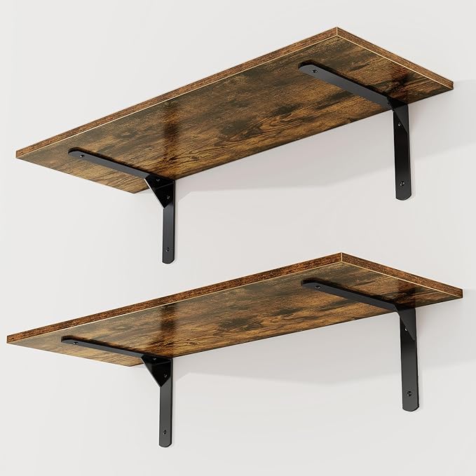 30" W x 12" D Floating Shelves for Wall, Deep Wall Shelves with Visible Bracket for Books, Plant, Large Deep Bathroom Shelf for Storage & Display, Rustic Brown, Set of 2