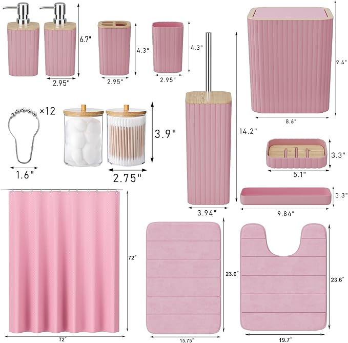 Bathroom Accessories Set - 25PC Pink Bathroom Set, Bathroom Set with Shower Curtain and Rugs, Pink Shower Curtain Set, Toilet Brush, Bathroom Trash Can