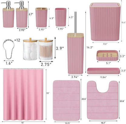 Bathroom Accessories Set - 25PC Pink Bathroom Set, Bathroom Set with Shower Curtain and Rugs, Pink Shower Curtain Set, Toilet Brush, Bathroom Trash Can