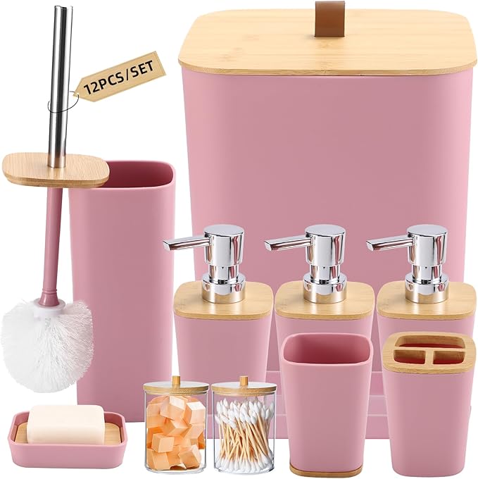 Pink Bathroom Accessories, Bathroom Accessories Set with Trash Can, Soap Dispenser, Toothbrush Holder, Toothbrush Cup, Soap Dish, Toilet Brush, Tray and Q-tip Holders for Housewarming