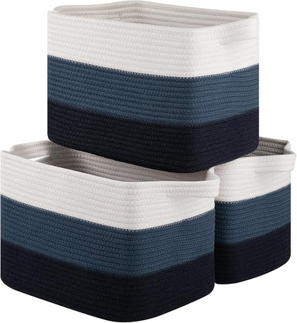 Storage Basket for Organizing, Woven Baskets for Storage, Rectangle Decorative Baskets for Shleves, Closet, Toys, Books, Nursery Organizer Bins - Pack of 3 (Gradient Blue)