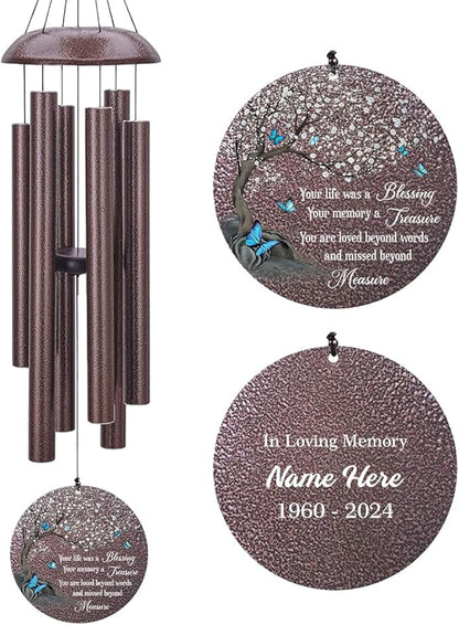 Personalized Wind Chimes, Blue Butterfly Sympathy Wind Chime, in Loving Memory for Loss of Loved Dad/Mom, Metal Large Memorial Condolences Gifts, 36inch Deep Tone Wind Chime