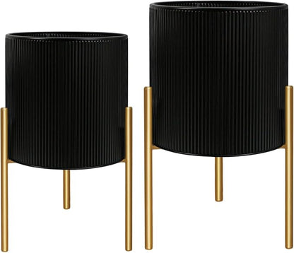 ARNIS Modern Plant Pots, Set of 2 Round Large Planters with Stand, Large Size Metal Pots with Drainage Holes for Living Room, Office, Garden or Balcony, 10.5 &12.25 Inch, Black & Gold