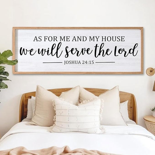 As For Me And My House We Will Serve The Lord Framed Wall Art, 40''×15'' Positive Religious Rustic Bible Verse for Christian God Jesus Christ Prayer, Vintage Long Holy Catholic Scripture Decor