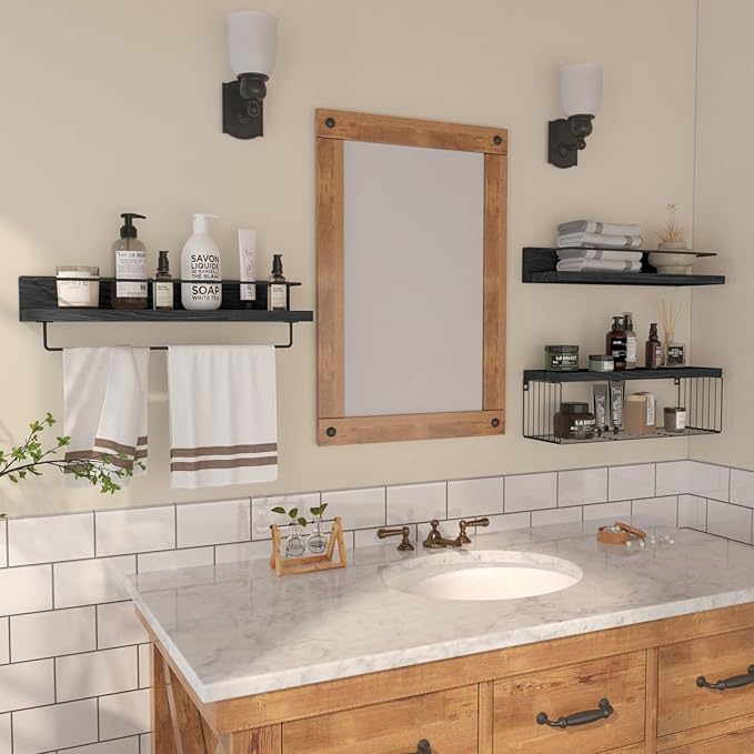 22.5 inches Bathroom Shelves Over Toilet for Wall, Floating Shelves with Storage Basket Paper Holer for Kitchen Living Room, Bedroom & Classroom, Set of 3 (Black)