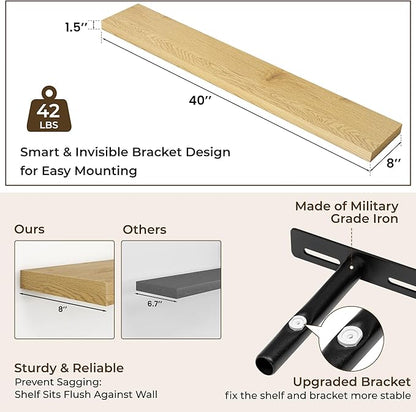 RICHFOCUS 40Inch Floating Shelves for Wall 2 Pack Shelves for Bedroom|Kitchen|Bathroom Wall Mounted Rustic Wood Floating Shelf with Invisible Brackets for Books|Storage|Decor, Oak