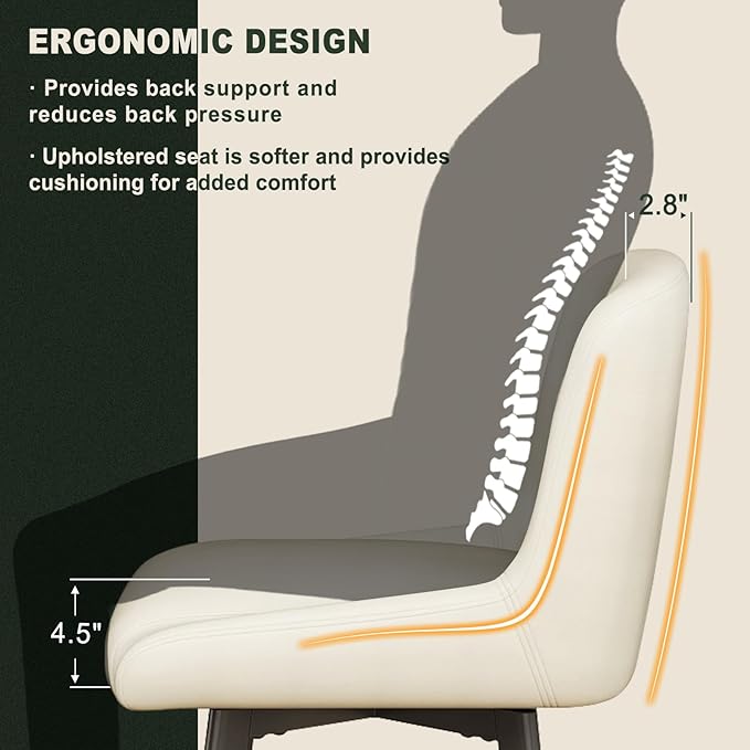 Swivel Bar Stools, 26''H Upholstered Barstools with Backs, Modern Counter Height Bar Stool Chairs for Kitchen Island, Metal Legs (Antique White- Faux Leather, Set of 3-26" H)