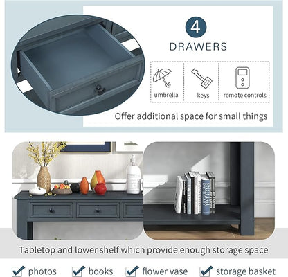 Solid Wood Console Table, Long Sofa Table Entryway Table with 4 Drawers and Bottom Shelf for Hallway Living Room Couch Table,Fully Assembled (63" Navy)