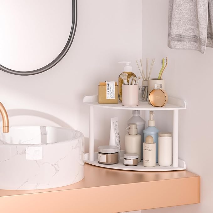 2 Tier Acrylic Corner Shelf Organizer Storage 9.5x9.5x8 Inch, White Countertop Corner Shelf for Bathroom, Kitchen, Bedroom, Office, Study Room