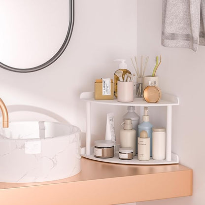 2 Tier Acrylic Corner Shelf Organizer Storage 9.5x9.5x8 Inch, White Countertop Corner Shelf for Bathroom, Kitchen, Bedroom, Office, Study Room